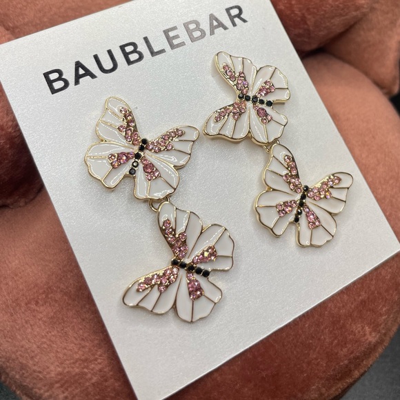 NWT BaubleBar Butterfly Drop Earrings, White Enamel with Pink and Black Crystals - Picture 1 of 5